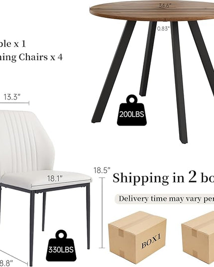 34.6'' Round Dining Table and Chairs for 4 Space Saving for Apartment Kitchen Dining Room (Walnut Table+4 White Chairs)