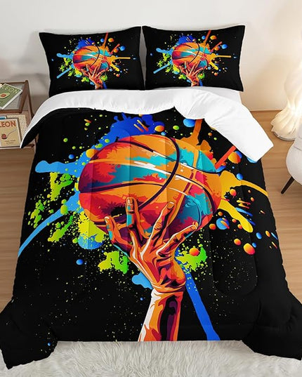 Black Basketball Comforter Set King Size,Watercolor Tie-dye Comforter Color Graffiti Hip Hop Style King Bed Set,Ball Sports Games Bedding Set for Teens Kids Bedroom Decor with 2 Pillowcases.