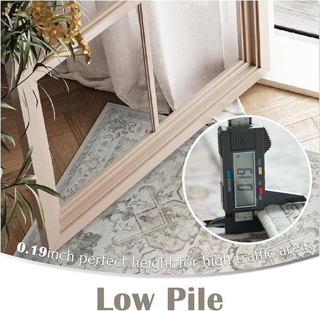 jinchan Runner Rug 2x5 Machine Washable Hallway - Vintage Floral Non-Slip Low-Pile Soft Ultra-Thin Kitchen Rug Distressed Carpet Runner for Farmhouse Bedroom Entryway Laundry Room(2x5ft, Taupe)