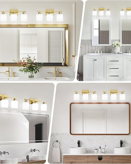 3 Light Gold Bathroom Light Fixtures, Modern Bathroom Vanity Lights with Milky White Frosted Glass Shades, Gold Vanity Mirror with Lights for Mirror Living Room E26 Base