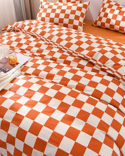 CLOTHKNOW Rust Beige Plaid Queen Comforter Set 3Pcs Grid Bedding Comforter Sets Soft Checker Queen Comforter Burnt Orange Queen Size Comforter Sets