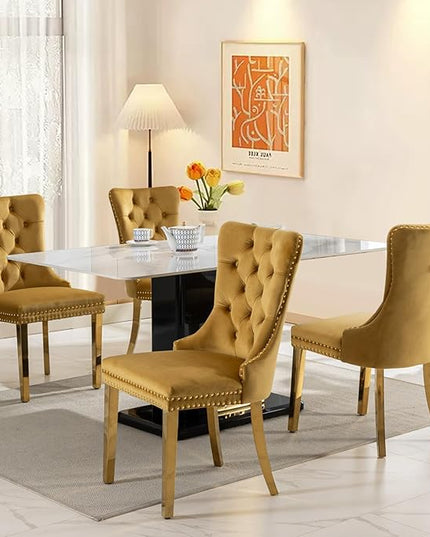 SoarFlash Velvet Dining Chairs Set of 4, Tall Back Side Chair, Modern Upholstered Side Chair with Button Back Ring, Gold Plated Stainless Steel Legs (Gold)