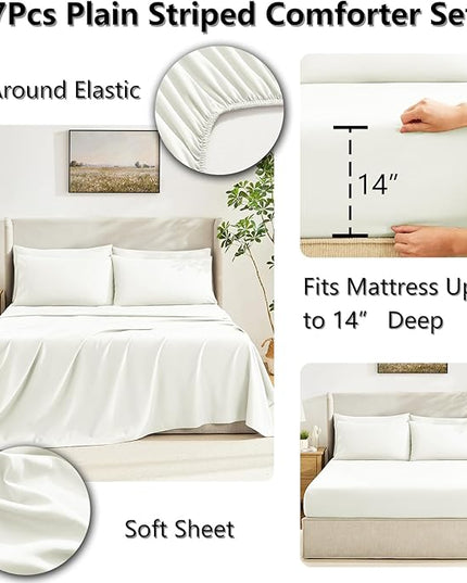 CozyLux Queen Size Comforter Set Ivory - 7 Pieces Bed in a Bag, Cream Off White Comforter Queen Size, Bedding Sets with All Season Quilted Comforter, Flat Sheet, Fitted Sheet, Pillowcases