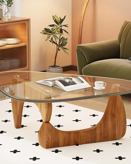 Coffee Table for Living Room Mid Century Modern Center Table with Glass Top, Walnut Transparent