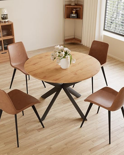 43.2"-59.1" Extendable Round Dining Table Set, Mid Century Modern Wooden Round Table, Leisure Oak Coffee Table,w/ 4 PU Leather Chairs