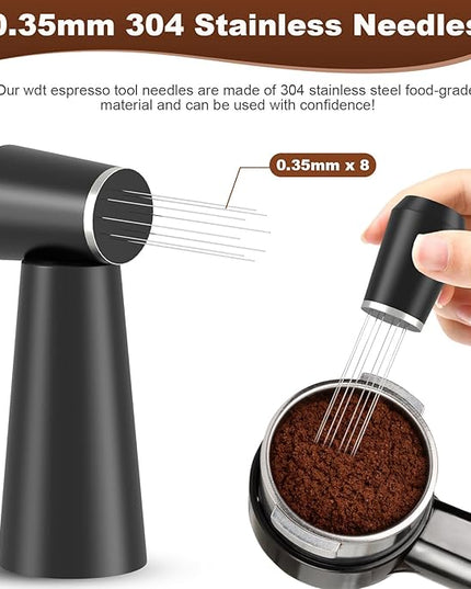 WDT Espresso Distribution Tool, 0.35mm 8 Needle Coffee Stirrer with 8 Extra Needles, 304 Stainless Steel, Aluminum Alloy Handle with Stand, Barista Espresso Whisk Tool (Metal Black)