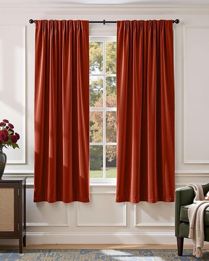 Lazzzy Velvet Blackout Curtains Thermal Insulated Room Window Drapes Super Soft Luxury Curtains for Living Room Bedroom Rod Pocket 2 Panels, Rust Red, 52" W x 72" L
