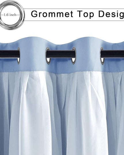 Hiasan Blackout Curtains with Sheer Overlay, Mix & Match Double Layer Thermal Insulated Room Darkening Curtains for Bedroom, Living Room, 2 Window Curtain Panels with Tiebacks, Baby Blue, 52W X 108L