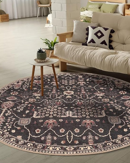 GLN Rugs Bohemian Collection - Machine Washable Area Rug, Bohemian Vintage, Non Slip, Low Pile Chenille Rug, Living Room, Bedroom, Bathroom Rug (5'3" Round Black)