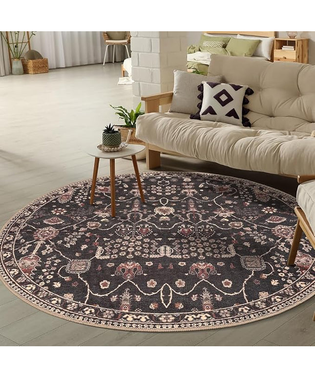 GLN Rugs Bohemian Collection - Machine Washable Area Rug, Bohemian Vintage, Non Slip, Low Pile Chenille Rug, Living Room, Bedroom, Bathroom Rug (5'3" Round Black)