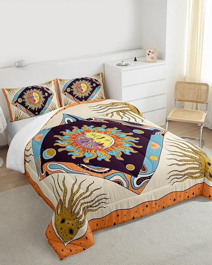 Manfei Sun Moon Trippy Comforter Set King, Star Galaxy Boho Exotic Bedding Set 3pcs for Kids Teens Adults Room Decor, Geometric Creative Quilt Set, Colorful Bright Duvet Insert with 2 Pillowcases