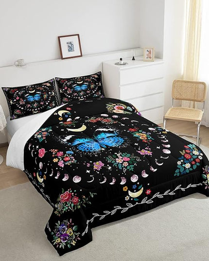 Sun and Moon Kids Comforter Set Full Size,Starry Sky Galaxy Planet Trippy Bedding Set,Boys Girls Adults Room Decor,Butterfly Flowers Boho Exotic Down Comforter,Colorful Duvet Insert,2 Pillowcases