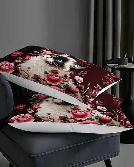 AILONEN Cute Kitten Comforter Set,Kawaii Siamese Cat Bedding Sets for Kids Girls Full Size,Pink Floral Duvet Set with 2 Pillowcase,Soft Breathable and Microfiber
