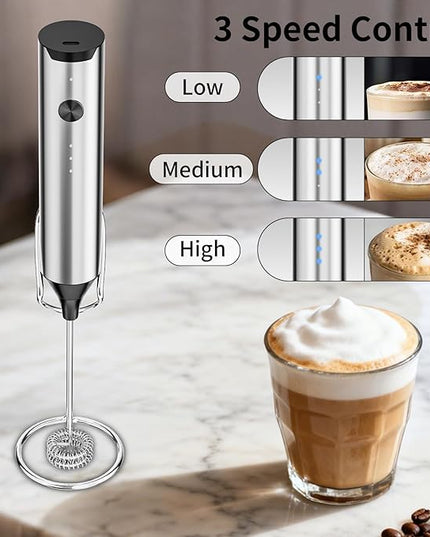 Kitchen Milk Frother Handheld with Stand, 3 Speeds Adjustable Mixer Electric Handheld Frother Wand, Hand Mixer Matcha Whisk Coffee Stirrers for Matcha, Hot Chocolate, Egg - Stainless Steel