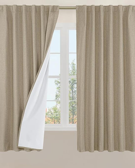 LAMIT 100% Blackout Natural Linen Curtains, 63 Inches Linen Textured Thermal Bedroom Curtains Back Tab and Rod Pocket Neutral Panels with White Liner for Farmhouse, 2 Panels, 52 x 63 Inch, Taupe