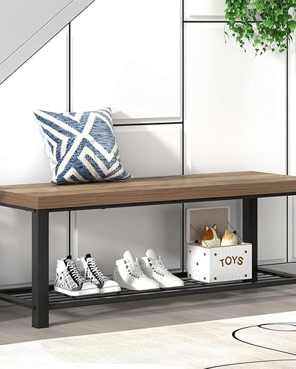 FOLUBAN Entryway Bench, Industrial Wood and Metal Storage Bench with Metal Shelf, Indoor Shoe Rack Bench Seat for Living Room, Bedroom, Hallway, Entrance, Rustic Oak, 47 Inch