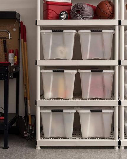 IRIS USA 54 Qt Stackable Plastic Storage Bins with Lids, 6 Pack - BPA-Free, Made in USA - Discreet Organizing Solution, Latches, Durable Nestable Containers, Secure Pull Handle - Pearl