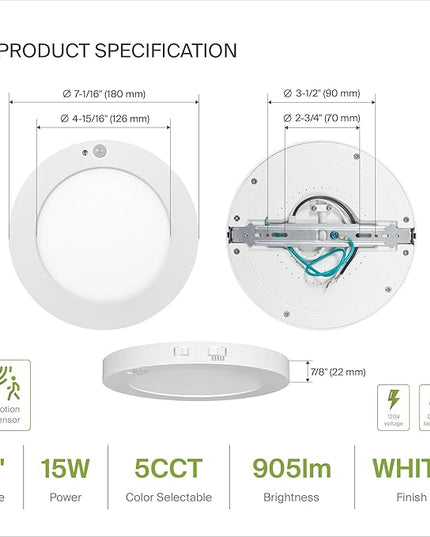 ASD LED 7" Round Flush Mount Ceiling Light Fixture, Low Profile Surface Lighting | 5CCT, Motion Sensored, Ultra-Thin, ETL Listed | 15W 900LM 2700-6000K 120V | Kitchen, Bedroom, Hallway Lamp | White