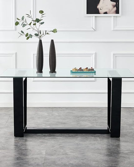 Ebullient Glass Dining Table, Modern Dining Table, 63" Tempered Glass Tabletop with Black MDF Trapezoid Legs, Rectangle Kitchen Table for 4-6 Person, Ideal for Kitchen, Dining Room, Home, Apartment
