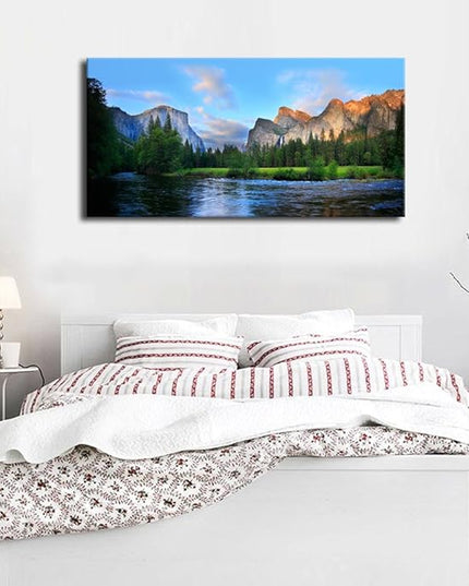 Canvas Wall Art Panorama of Yosemite Valley Painting Canvas Artwork Lake Mountain National Park Nature Pictures Framed Wall Art for Living Room Bedroom Office Wall Decor Home Decoration 29" x 58"