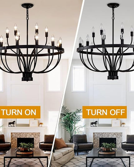 31.5 Inch Chandelier 18 Light Black Dining Room Light Fixture, Black Farmhouse Chandeliers for Dining Room, Large Chandelier Rustic Industrial Candle Chandeliers for Hallway, Entryway,Office,Bar