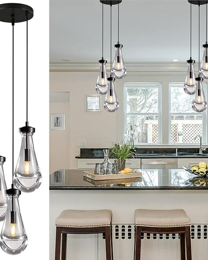 Bronze 3 Light Pendant Lighting, Raindrop Pendant Lights, Black Adjustable Hanging Rope Cluster Pendant Lighting Over Kitchen Island, Teardrop Glass Chandelier Dining Room Light Fixture