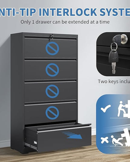 File Cabinets 5 Drawer,Metal Office Storage Filing Cabinet with Lock,Black Lateral Filing Cabinet for Home Office,Horizontal Locking File Cabinet for Legal/Letter/A4,Assembly Require,Black