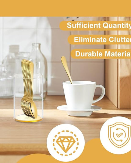 6 Pcs Gold Coffee Spoons with Holder Mini Coffee Spoons Gold 4.7 Inch Demitasse Espresso Spoons Tiny Dessert Spoons Small Tea Spoon Stainless Steel Acrylic Cylinder Holder for Coffee Bar Home Party