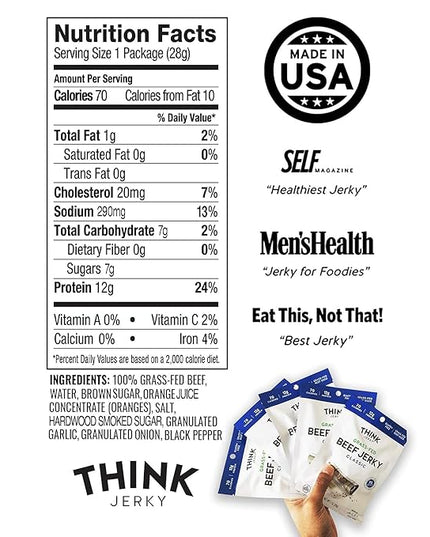 Think Jerky Classic Beef Jerky, Grass-Fed High Protein Beef, Gluten Free, No Antibiotics or Nitrates, Healthy Chef Crafted Recipe, Low Calorie and Low Fat - 1.0 oz Bags, 12 Pack