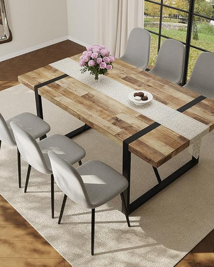 FURNITO Wood Dining Table Set for 6, 71" Large Rectangular Kitchen & Dining Room Table with 6 Fabric Linen Chairs, Modern Farmhouse Dining Set for Home, Living Room, Office, or Conference Room