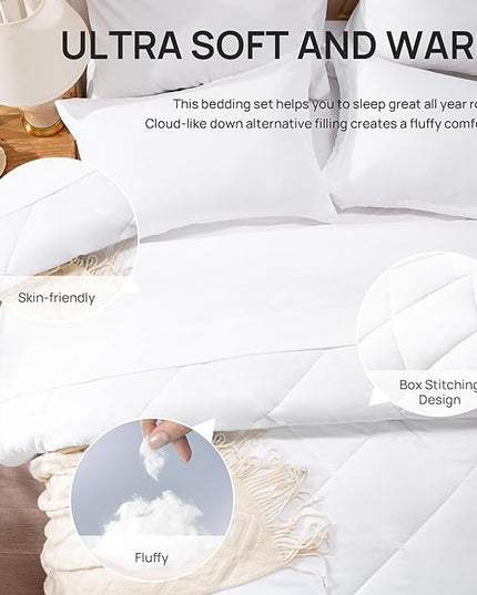Love's cabin Queen Comforter Set White, 7 Pieces Queen Bed in a Bag, All Season Bedding Sets with 1 Comforter, 1 Flat Sheet, 1 Fitted Sheet, 2 Pillowcase and 2 Pillow Sham
