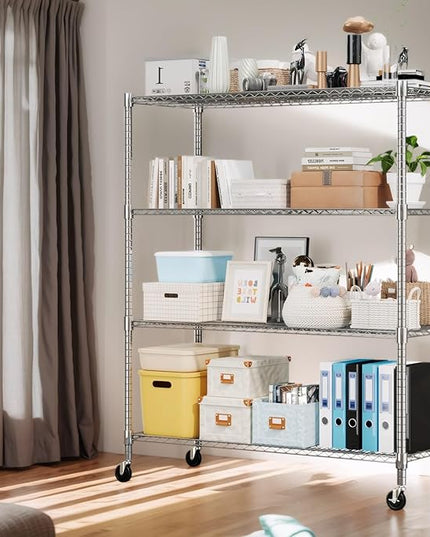 Himimi Storage Shelves 60"W Wire Shelving with Wheels 2600LBS Heavy Duty Metal Shelves for Storage, 4-Tier Adjustable Wire Rack Shelving Garage Shelving Kitchen Storage Shelves 24"Dx60"Wx72"H, Silver