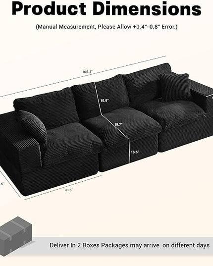 106.3” Sectional Couches for Living Room, Cloud Couch, Modular Sectional Sofa, Convertible Sofas Bed, Deep Seat Sofa, Corduroy, Black