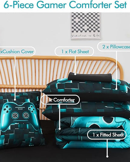 PERFEMET 6-Piece Boys Gamer Comforter Set Full Size Teal Blue Video Game Controller Bedding Comforter Set with Sheets Lightweight 3D Black Gaming Pattern Bed in a Bag for Kids Teen(Teal, Full)