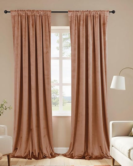 KOUFALL 90 Inch Cinnamon Velvet Blackout Curtains, Vintage Luxury Pleated Thermal Insulated Black Out Curtain for Bedroom Living Room, Wide 52x90 in Long, 2 Panel Set