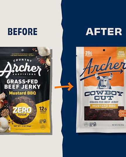 Country Archer Grass Fed Beef Jerky Mustard BBQ - Zero Sugar Beef Jerky, Sugar Free Beef Jerky Snack Pack, Mustard BBQ Beef Jerky Bulk, Individual Beef Jerky Pack, Gluten Free, Paleo- 2 oz (Pack of 6)