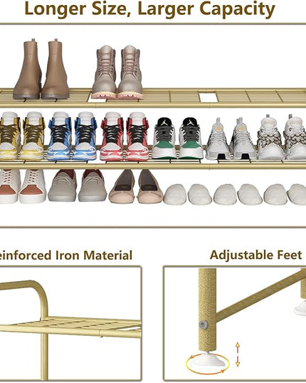 LINZINAR Shoe Rack Long 2 Tier Shoe Storage Organizer Metal Wide Shoe Shelf for Closet Entryway Bedroom 18 Paris Large Capacity, Gold