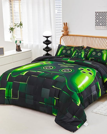 PERFEMET 6 Pcs Gaming Bedding Set Queen Size Green Game Console Kids Bed in A Bag 3D Black Gamer Comforter Set with Sheets for Boys Teen Lightweight Video Gamepad Bedroom Set(Green, Queen)