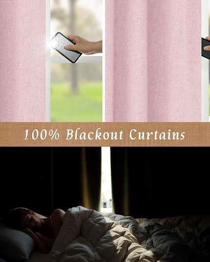 LAMIT 100% Blackout Pink Linen Curtains, 63 Inches Linen Textured Thermal Bedroom Curtains Back Tab and Rod Pocket Neutral Panels with White Liner for Girls' Room, 2 Panels, 52 x 63 Inch
