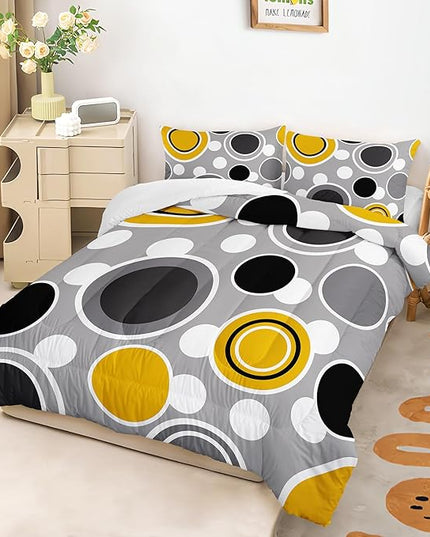 AILONEN Black Yellow Grey Comforter Set Full Size, Abstract Circles Dots Modern Geometric Themed Bedding Set,3-Piece Soft Microfiber,1 Comforter + 2 Pillowcases (Boys/Girls/Adults)