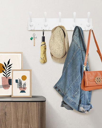 Coat Rack Wall Mount Coat Hooks Wooden Hat Rack for Wall Hooks Pine Real Wood Plank 16.9" White Coat Hanger with 5 White Triple Hooks for Hanging Coat Hat Jacket