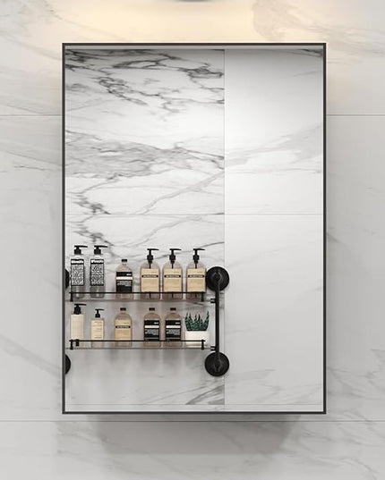 Black Medicine Cabinet Mirror, 17x30 Inch Bathroom Wall Cabinet Mirror with Storage & Adjustable Shelves, Wall Mounted Medicine Cabinets for Bathroom,Tempered Glass