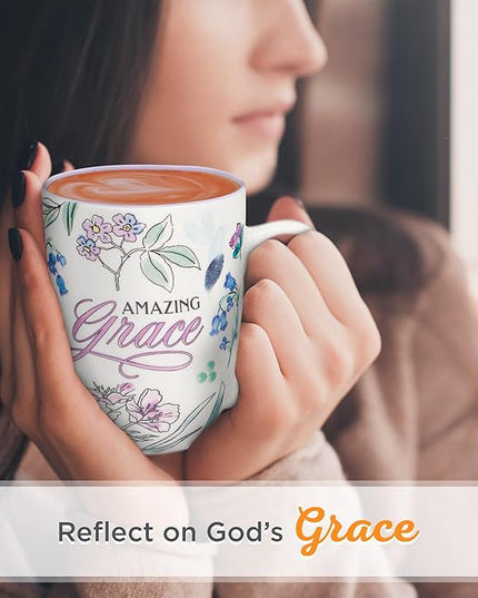 Christian Art Gifts Inspirational Ceramic Coffee & Tea Mug for Women: Amazing Grace, Cute Encouraging Lead-free Microwave & Dishwasher Safe Drinkware, White & Lavender Purple Multicolor Floral, 12 oz.