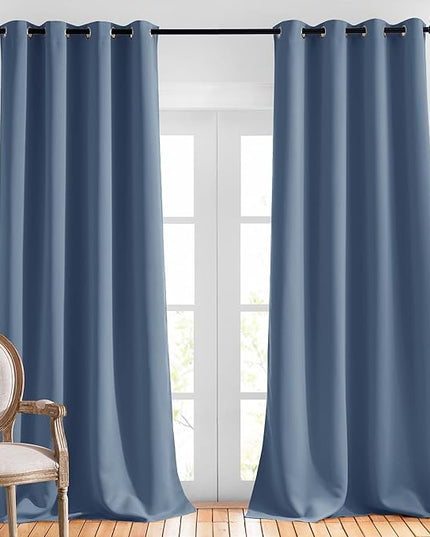 NICETOWN Stone Blue Blackout Curtains 90 inches Long, Grommet Thermal Insulated Room Darkening Window Treatments Voice Reducing for Bedroom/Patio Door, 2 Panels, W52 x L90