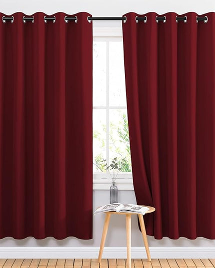 NICETOWN Blackout Curtain Panel Grommet - Home Decorations Thermal Insulated Solid Grommet Top Blackout Living Room Panels/Drapes for Gift (Burgundy Red, 1 Pair, 66 x 72-Inch)