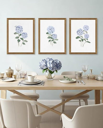 WRFON Hydrangea Wall Art, Blue Floral Wall Decor, Blue Watercolor Botanical Poster Wall Decor, Modern Minimalist Botanical Canvas Painting Print for Living Room Bedroom Wood Framed 12"x16"x3
