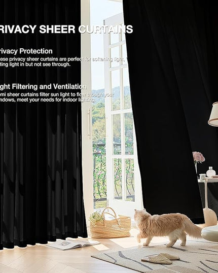 Anmao Non-See-Through Black Privacy Curtains for Living Room 45 Inch Length 2 Panels Set, Semi Sheer Light Filtering Window Curtains Drapes for Bedroom, 52 Inch Wide Each Panel