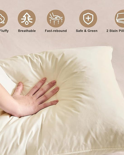 BHZ Beige Satin Goose Down Feather Pillows King Size Set of 2 with Pillowcase for Hair and Skin, Cooling Pillow Cases Similar to Silk Pillow Cases, Decorative for Women, Mom Men