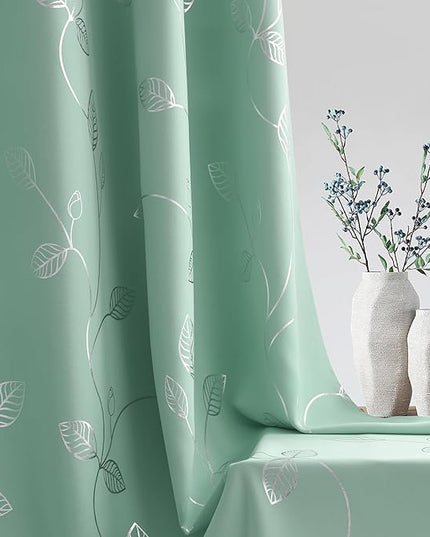 BUHUA Wave Silver Leaf Print Blackout Curtains for Living Room Darkening Curtains Light Blocking Curtains for Bedroom 52W×72L Aqua 2 Panels