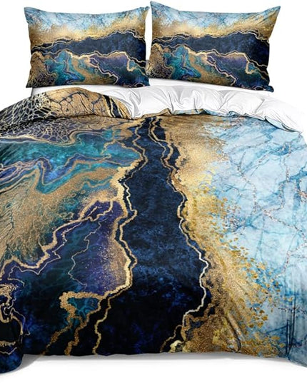 Royal Blue Marble Duvet Cover Set Queen Size Sequin Gold Bedding Comforter Covers with 2 Pillow Shams Breathable Durable Soft Comfy